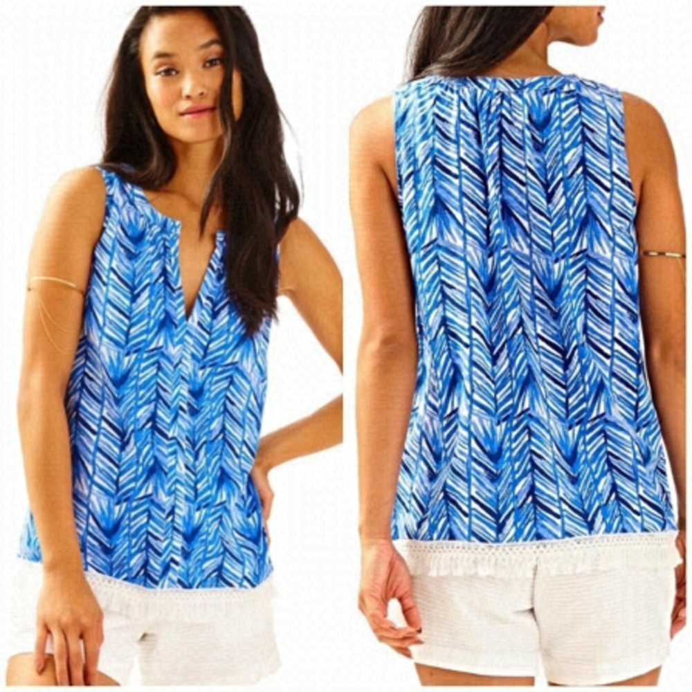 Lilly PULITZER Kipper Lapis Periwinkle Blue Fern Beachy Boho Chic Fringe Tank